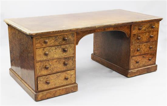 A Victorian burr walnut partners pedestal desk, by Holland & Sons, W.6ft